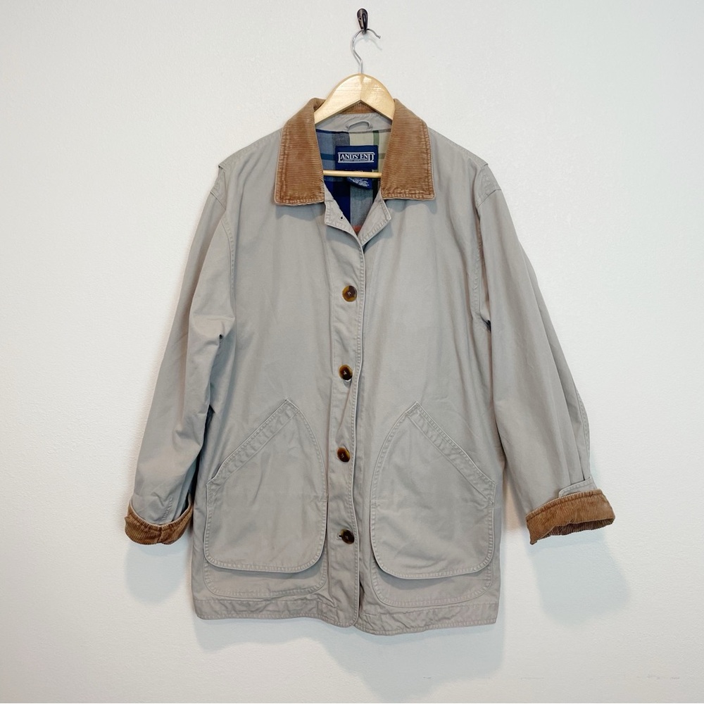 Vintage Lands' End Barn Chore Jacket Corduroy Plaid Tan Button Down Large
